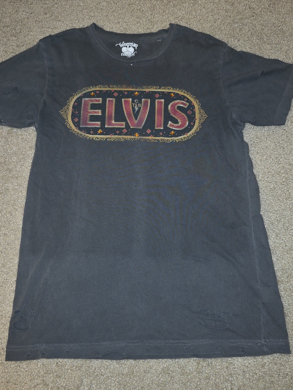 Bohemian Cowgirl Elvis Shirt Medium Gray Rhinestone Embellished Movie Logo Tee